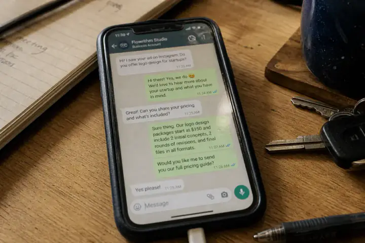 Celular com conversa de WhatsApp em uma mesa de trabalho